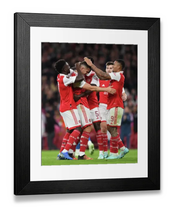 Framed Print : Arsenal's Xhaka and Saka Celebrate Goal Against PSV Eindhoven in Europa League