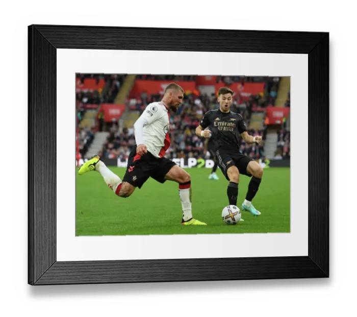 Framed Print : Arsenal's Kieran Tierney Closes Down Southampton's Lyanco in 2022-23 Premier League Clash