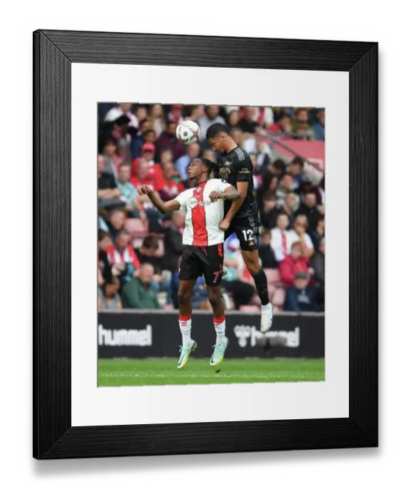 Framed Print : Saliba Soars: Arsenal's Defender Outjumps Aribo in Southampton Clash (Southampton v Arsenal 2022-23) Framed Print : Saliba Soars: Arsenal's Defender Outjumps Aribo in Southampton Clash (Southampton v Arsenal 2022-23)