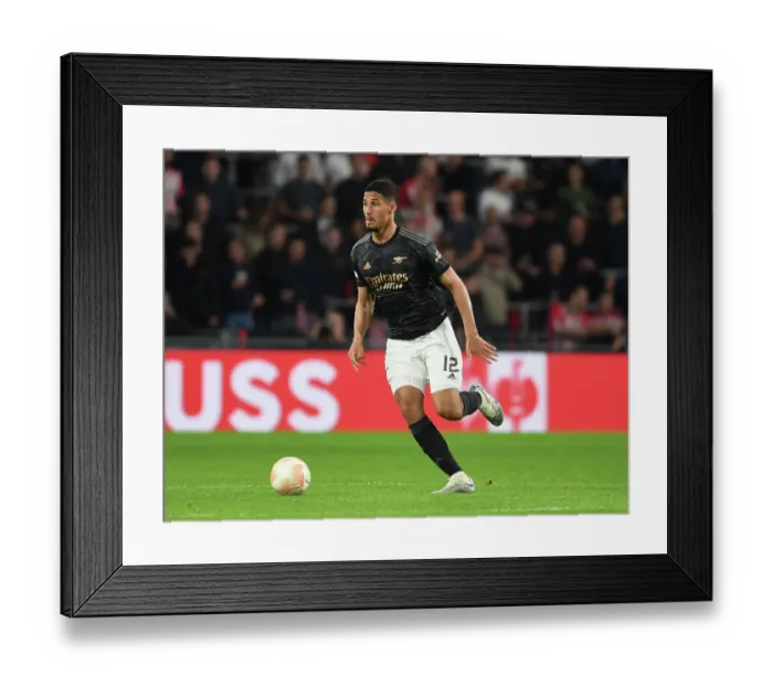 Framed Print : William Saliba Goes Head-to-Head: Arsenal vs. PSV Eindhoven in Europa League Showdown