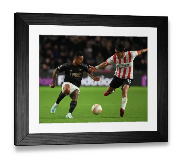 Framed Print : Gabriel Jesus's Brilliant Outmaneuver of Erick Gutierrez: Arsenal's Thrilling Europa League Triumph over PSV (2022-23) Framed Print : Gabriel Jesus's Brilliant Outmaneuver of Erick Gutierrez: Arsenal's Thrilling Europa League Triumph over PSV (2022-23)