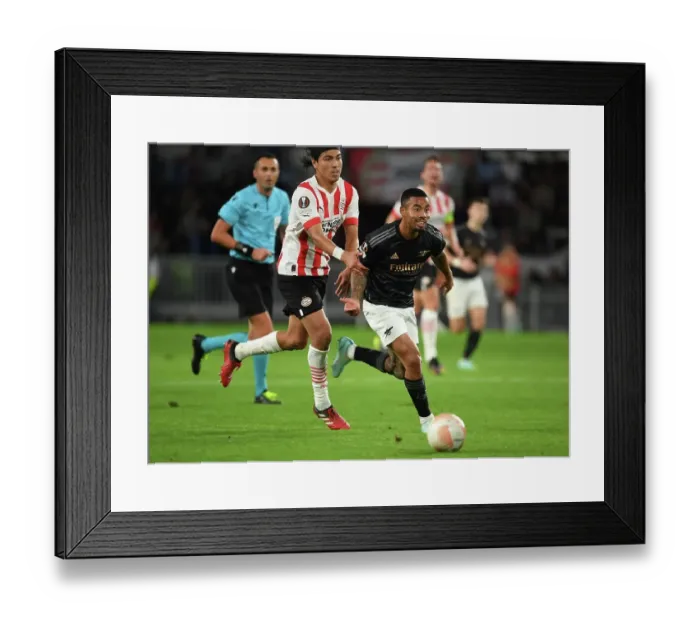 Framed Print : Gabriel Jesus Outsmarts Erick Gutierrez: Arsenal's Exhilarating Europa League Triumph over PSV Eindhoven (2022-23)