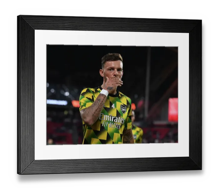 Framed Print : Arsenal's Ben White Stands Firm in Europa League Clash against PSV Eindhoven (2022-23) Framed Print : Arsenal's Ben White Stands Firm in Europa League Clash against PSV Eindhoven (2022-23)