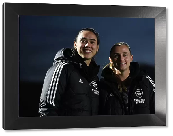 Arsenal Women's Pre-Match Inspection: Goalkeepers Zinsberger and Maritz Check Pitch Conditions at Meadow Park (2022-23 Season)