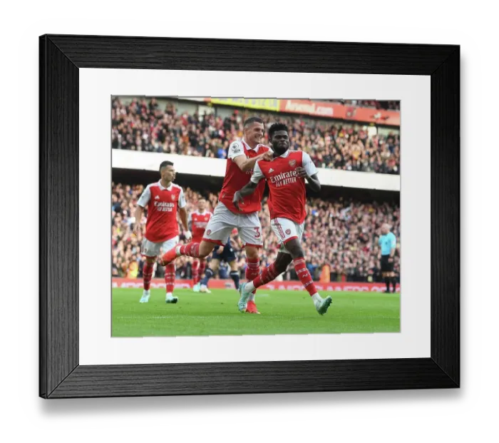 Framed Print : Partey and Xhaka's Jubilant Moment: Arsenal's Four-Goal Lead Against Nottingham Forest (2022-23)