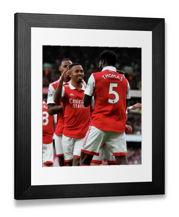 Framed Print : Arsenal's Partey and Jesus: Celebrating Four Goals Against Nottingham Forest (2022-23) Framed Print : Arsenal's Partey and Jesus: Celebrating Four Goals Against Nottingham Forest (2022-23)