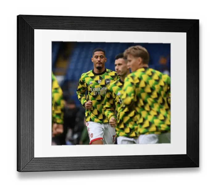 Framed Print : Arsenal's William Saliba Warms Up Ahead of Chelsea Showdown - Premier League 2022-23