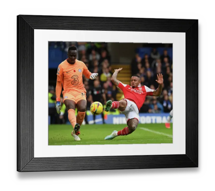 Framed Print : Clash at Stamford Bridge: Arsenal's Gabriel Jesus Harasses Chelsea's Edouard Mendy in Premier League Showdown (2022-23)