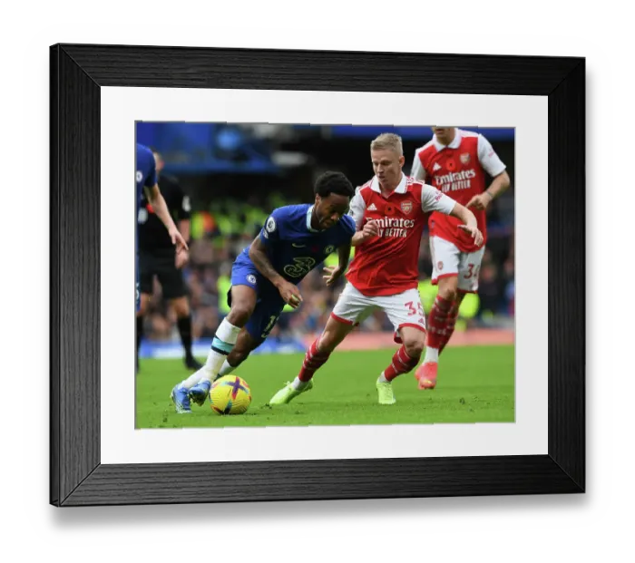 Framed Print : Clash at Stamford Bridge: Arsenal's Zinchenko Shuts Down Sterling in Premier League Showdown (Chelsea v Arsenal 2022-23) Framed Print : Clash at Stamford Bridge: Arsenal's Zinchenko Shuts Down Sterling in Premier League Showdown (Chelsea v Arsenal 2022-23)