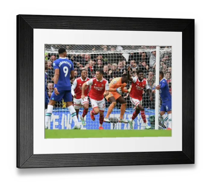 Framed Print : Magalhaes, Partey, Xhaka: Arsenal's Triumphant Goal Celebration vs. Chelsea (2022-23) Framed Print : Magalhaes, Partey, Xhaka: Arsenal's Triumphant Goal Celebration vs. Chelsea (2022-23)