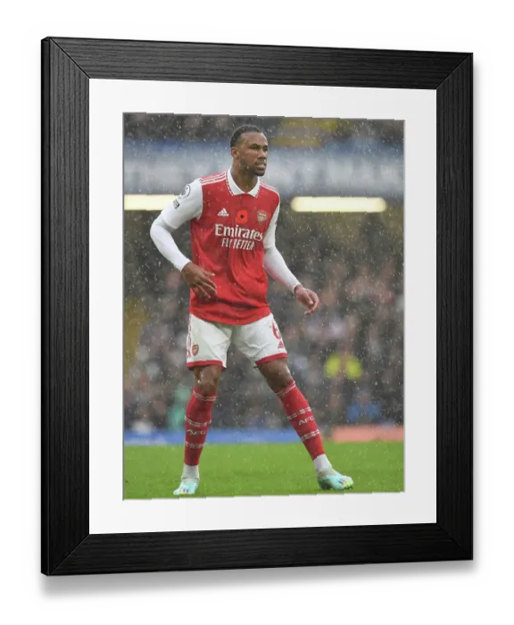 Framed Print : Gabriel Magalhaes Faces Off Against Chelsea: Arsenal vs. Chelsea, Premier League 2022-23