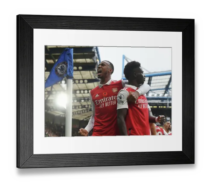 Framed Print : Arsenal's Gabriel and Saka: Celebrating a Thrilling Goal Against Chelsea in the 2022-23 Premier League