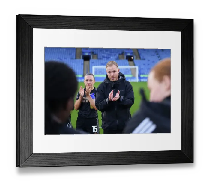 Framed Print : Arsenal Women's Coach Jonas Eidevall at Leicester City Match, Barclays FA WSL 2022-23