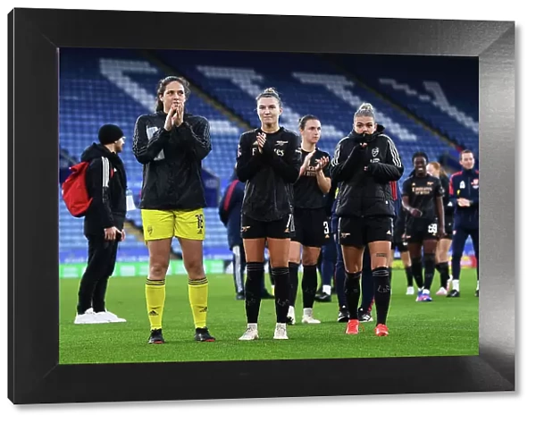 Arsenal Women Celebrate Victory in FA Women's Super League: Kaylan Marckese, Steph Catley, and Laura Wienroither Rejoice After Win Against Leicester City