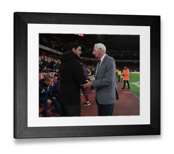 Framed Print : Arsenal Legends Reunite: Mikel Arteta Greets Bob Wilson Ahead of Arsenal vs. Brighton in Carabao Cup
