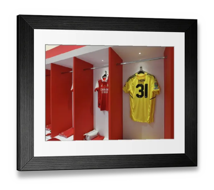 Framed Print : Arsenal Changing Room: Karl Hein's Shirt Awaits Before Arsenal vs Brighton & Hove Albion (Carabao Cup 2022-23)
