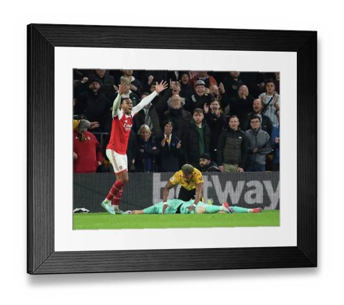 Framed Print : Gabriel Protests Referee Decision Against Adama Traore during Wolverhampton Wanderers vs Arsenal FC (2022-23)