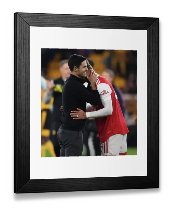 Framed Print : Mikel Arteta and Ben White Celebrate Arsenal's Win at Wolverhampton Wanderers (2022-23)