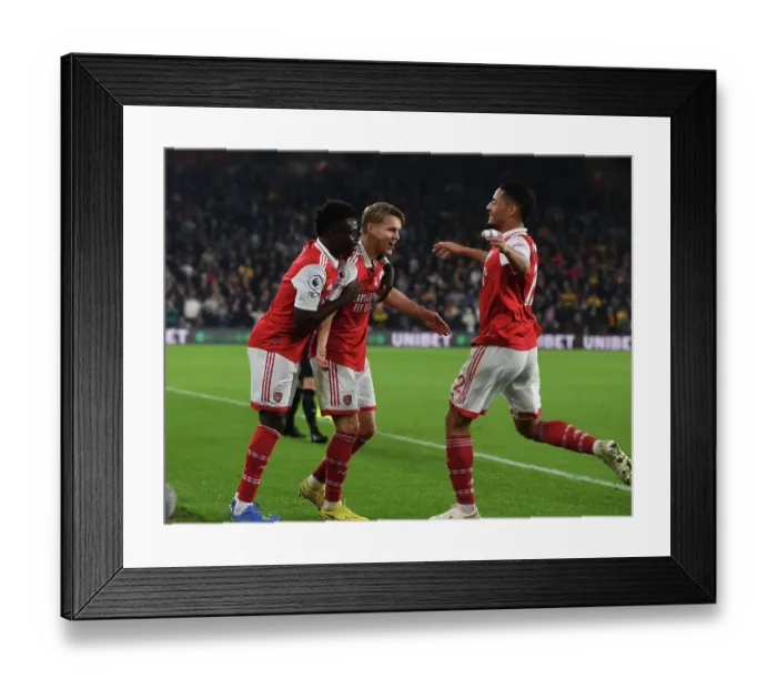 Framed Print : Martin Odegaard and Team Celebrate First Goal: Wolverhampton Wanderers vs. Arsenal FC, Premier League 2022-23