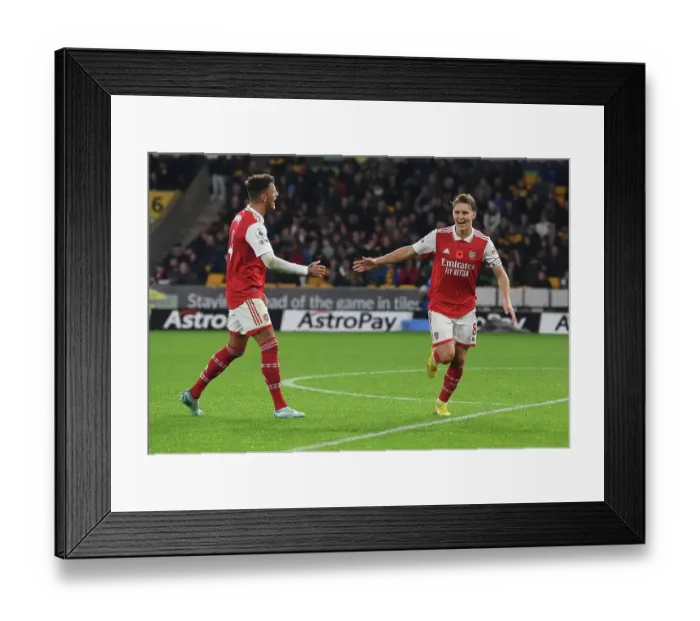 Framed Print : Martin Odegaard and Ben White: Dynamic Duo Celebrates Arsenal's Second Goal vs Wolverhampton Wanderers (2022-23)