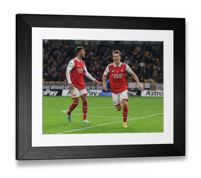 Framed Print : Martin Odegaard and Ben White Celebrate Arsenal's Second Goal vs Wolverhampton Wanderers (2022-23) Framed Print : Martin Odegaard and Ben White Celebrate Arsenal's Second Goal vs Wolverhampton Wanderers (2022-23)