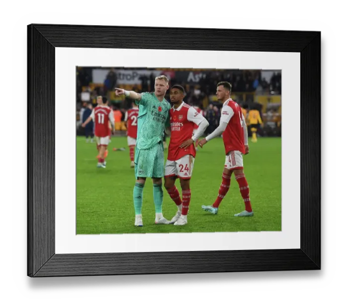 Framed Print : Arsenal's Reiss Nelson, Ben White, and Aaron Ramsdale Celebrate Victory over Wolverhampton Wanderers in 2022-23 Premier League Framed Print : Arsenal's Reiss Nelson, Ben White, and Aaron Ramsdale Celebrate Victory over Wolverhampton Wanderers in 2022-23 Premier League