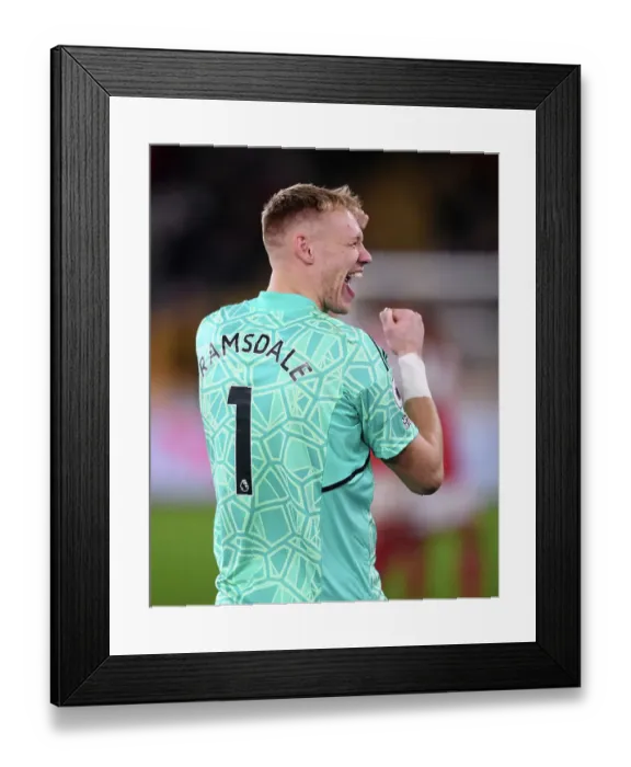 Framed Print : Arsenal's Aaron Ramsdale Celebrates Win Against Wolverhampton Wanderers in 2022-23 Premier League