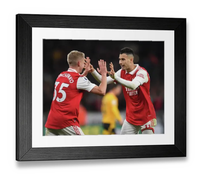 Framed Print : Martinelli and Zinchenko Celebrate Arsenal's Second Goal vs. Wolverhampton Wanderers (2022-23) Framed Print : Martinelli and Zinchenko Celebrate Arsenal's Second Goal vs. Wolverhampton Wanderers (2022-23)