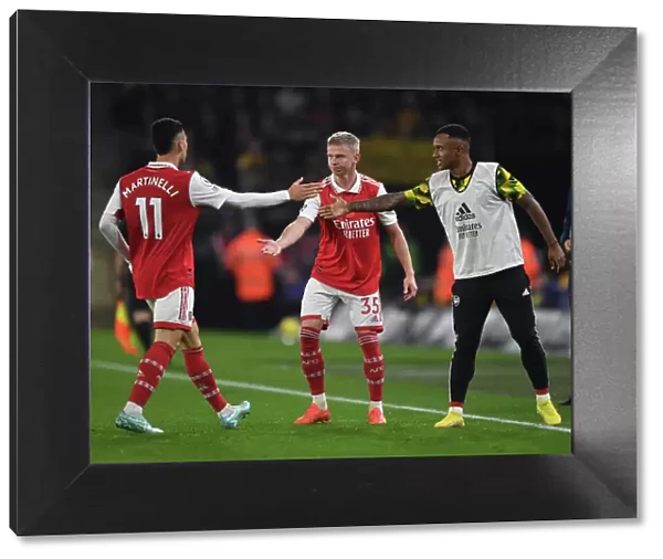 Martinelli, Zinchenko, and Marquinhos Celebrate Arsenal's Second Goal vs. Wolverhampton Wanderers (2022-23)