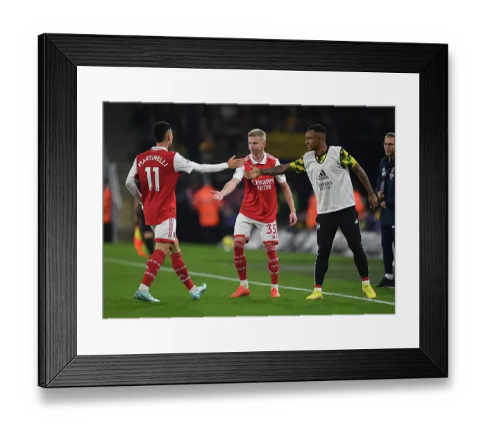 Framed Print : Martinelli, Zinchenko, and Marquinhos Celebrate Arsenal's Second Goal vs. Wolverhampton Wanderers (2022-23)