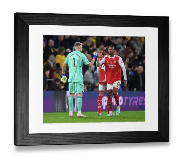 Framed Print : Gabriel Magalhaes and Aaron Ramsdale of Arsenal in Action against Wolverhampton Wanderers (2022-23)