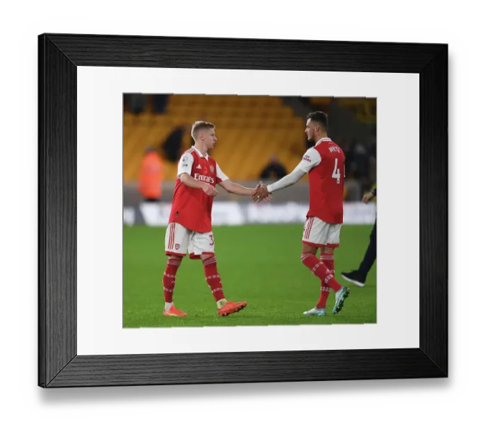 Framed Print : Arsenal's Zinchenko and White Celebrate Victory Over Wolverhampton Wanderers in 2022-23 Premier League