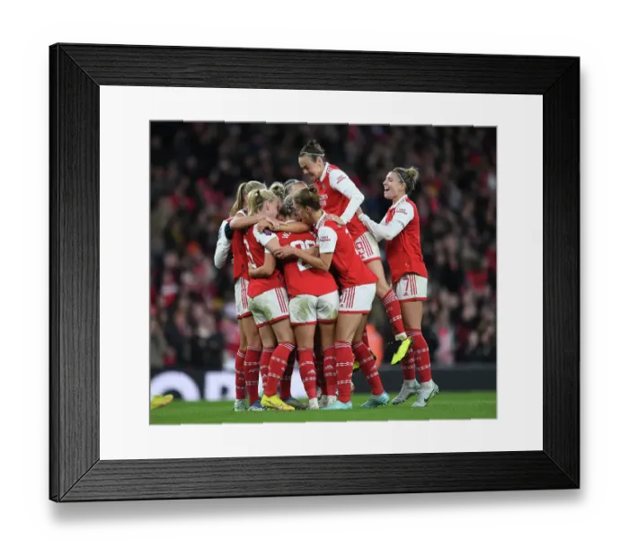 Framed Print : Arsenal Women Celebrate Laura Wienroith's Goal Against Manchester United in FA WSL (2022-23)