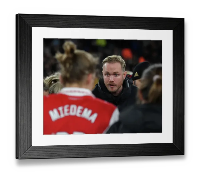 Framed Print : Arsenal Women's Coach Jonas Eidevall Motivates Team During Half-time at Emirates Stadium vs Manchester United