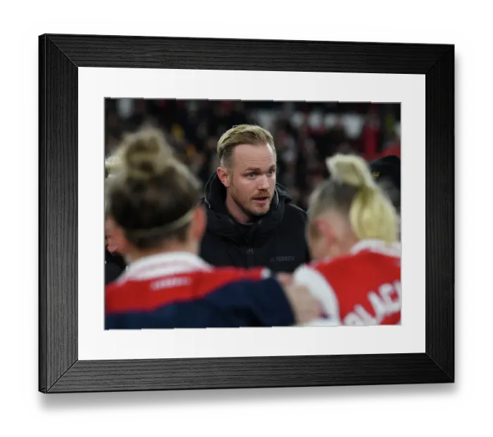 Framed Print : Arsenal Women's Coach Jonas Eidevall Gives Post-Match Instructions to Players Framed Print : Arsenal Women's Coach Jonas Eidevall Gives Post-Match Instructions to Players