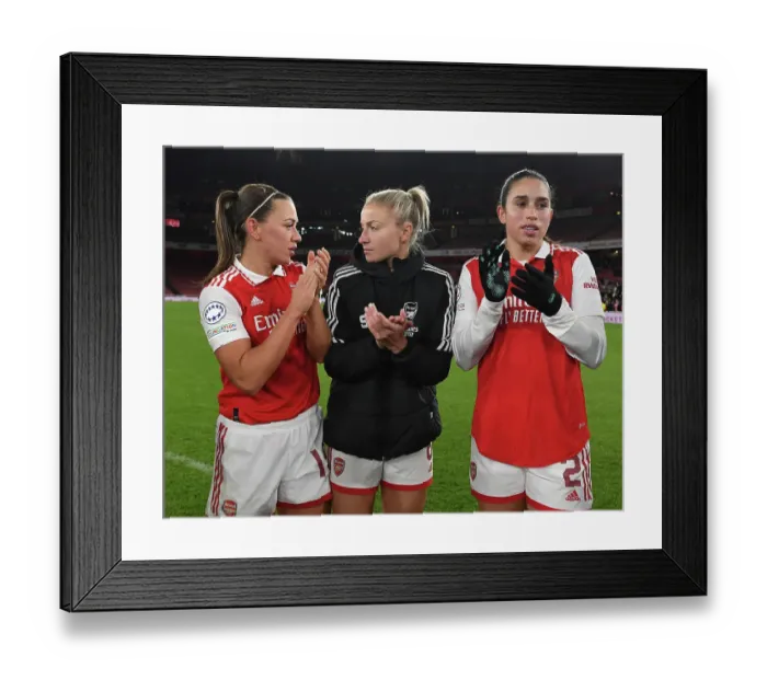 Framed Print : Arsenal Women Unite: Triumph and Camaraderie After a Taxing UEFA Champions League Clash Against Juventus