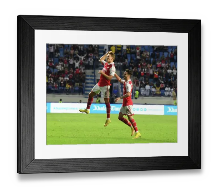 Framed Print : Arsenal's Odegaard and Vieira Celebrate First Goals in Arsenal's Win Against AC Milan in Dubai Super Cup, 2022-23