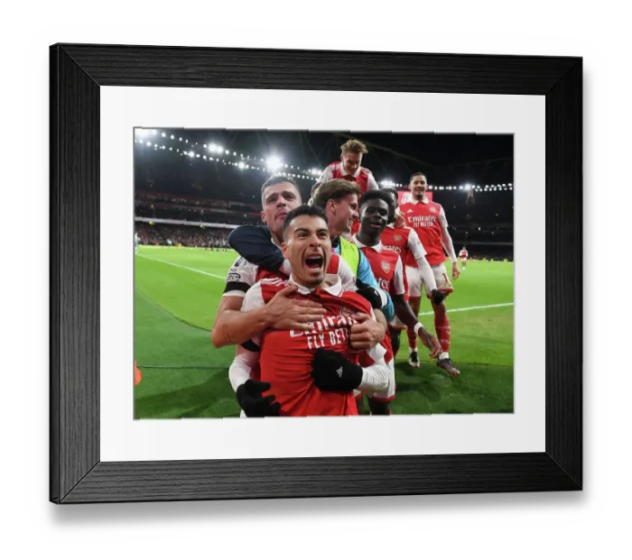 Framed Print : Arsenal's Martinelli Scores Second Goal Against West Ham, Celebrates with Xhaka, Holding, and Saka Framed Print : Arsenal's Martinelli Scores Second Goal Against West Ham, Celebrates with Xhaka, Holding, and Saka