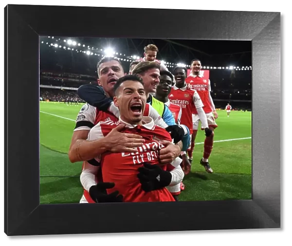 Arsenal's Martinelli Scores Second Goal, Celebrates with Xhaka, Holding, and Saka vs. West Ham United (2022-23)
