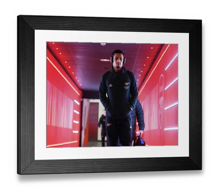 Framed Print : Arsenal's William Saliba Gears Up Before Arsenal v West Ham United (2022-23) Framed Print : Arsenal's William Saliba Gears Up Before Arsenal v West Ham United (2022-23)