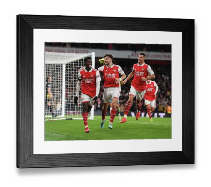 Framed Print : Arsenal's Nketiah Scores Hat-Trick: Celebrating with Tierney and Xhaka (2022-23)