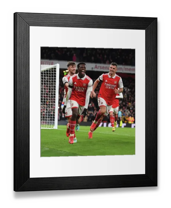 Framed Print : Arsenal's Nketiah Scores Second Goal: Tierney and Xhaka Celebrate Framed Print : Arsenal's Nketiah Scores Second Goal: Tierney and Xhaka Celebrate