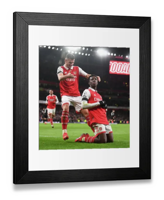 Framed Print : Arsenal's Nketiah and Xhaka Celebrate Goals Against West Ham in 2022-23 Premier League