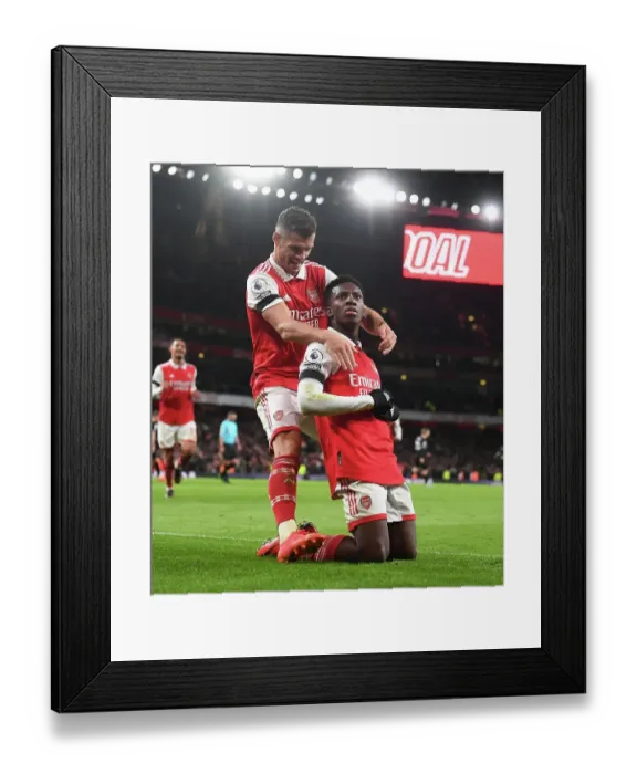 Framed Print : Arsenal: Nketiah and Xhaka Celebrate Goals Against West Ham (2022-23) Framed Print : Arsenal: Nketiah and Xhaka Celebrate Goals Against West Ham (2022-23)