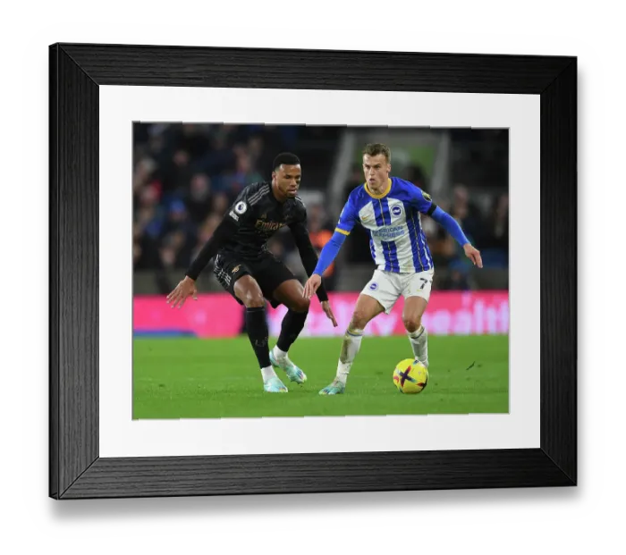 Framed Print : Gabriel Magalhaes Clashes with Solly March: Brighton vs. Arsenal, Premier League 2022-23