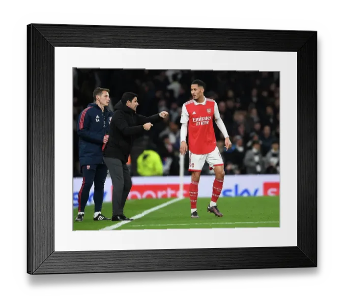Framed Print : Arsenal Manager Mikel Arteta Speaks with William Saliba Amidst Tottenhotspur-Arsenal Rivalry (2022-23)