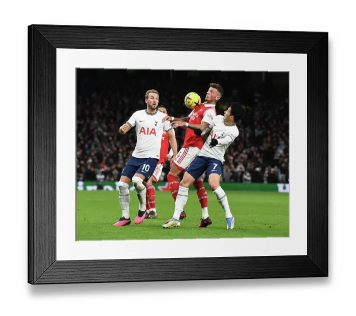 Framed Print : Arsenal's Ben White Faces Off Against Tottenham's Harry Kane and Son Heung-Min in Premier League Clash