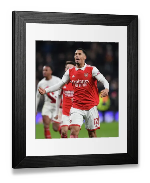 Framed Print : William Saliba's Celebration: Arsenal's Win at Tottenham Hotspur Stadium (2022-23)