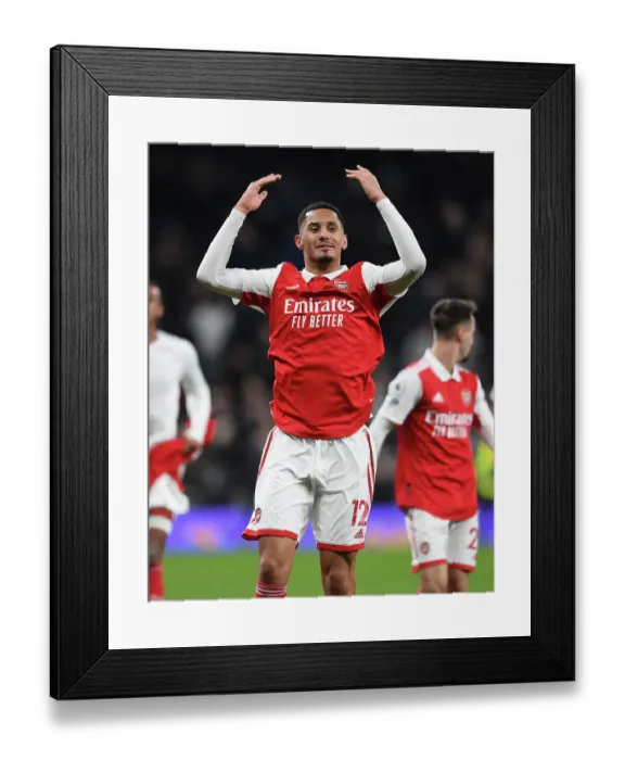 Framed Print : William Saliba's Euphoric Moment: Arsenal's Victory Over Tottenham Hotspur in the 2022-23 Premier League