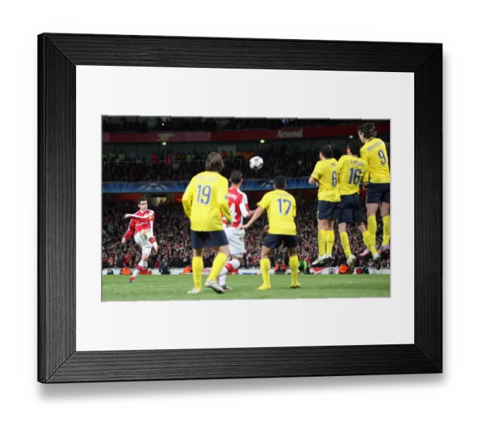 Framed Print : Cesc Fabregas (Arsenal) bends a free kick over the Barcelona wall. Arsenal 2: 2 Barcelona Framed Print : Cesc Fabregas (Arsenal) bends a free kick over the Barcelona wall. Arsenal 2: 2 Barcelona